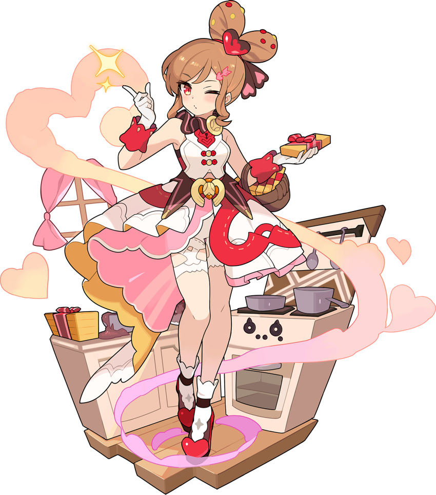 1girl, arrow_hair_ornament, artist_request, bangs, bare_shoulders, basket, belt, bike_shorts, blush, box, breasts, brown_hair, brown_ribbon, chocolate, closed_mouth, cooking, curtains, double_bun, dress, eliya_(world_flipper), eyebrows_visible_through_hair, full_body, gift, gift_box, gloves, hair_ornament, hair_ribbon, hairclip, hands_up, heart, heart_hair_ornament, heel_up, highres, indoors, kitchen, ladle, layered_dress, looking_at_viewer, non-web_source, official_art, one_eye_closed, oven, pot, red_eyes, red_footwear, ribbon, shiny, shiny_hair, shoes, short_hair, sidelocks, sleeveless, sleeveless_dress, small_breasts, smoke, socks, solo, sparkle, standing, stove, swept_bangs, tied_hair, transparent_background, valentine, white_dress, white_gloves, white_legwear, window, wooden_floor, world_flipper