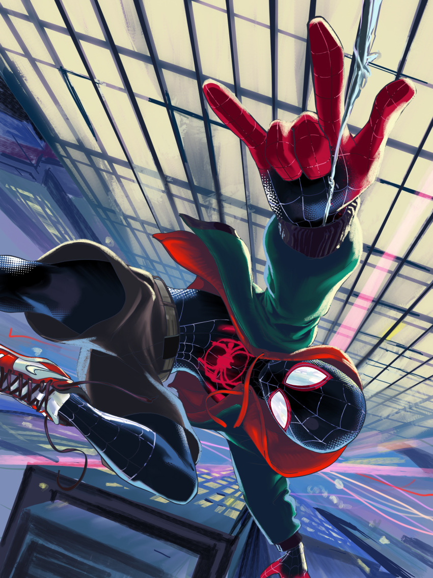 1boy, absurdres, black_shirt, city, cityscape, clouds, dusk, evening, falling, fingerless_gloves, gloves, highres, hood, miles_morales, red_footwear, sawada2, shirt, shoes, sky, sneakers, solo, spider-man:_into_the_spider-verse, spider-man_(series)