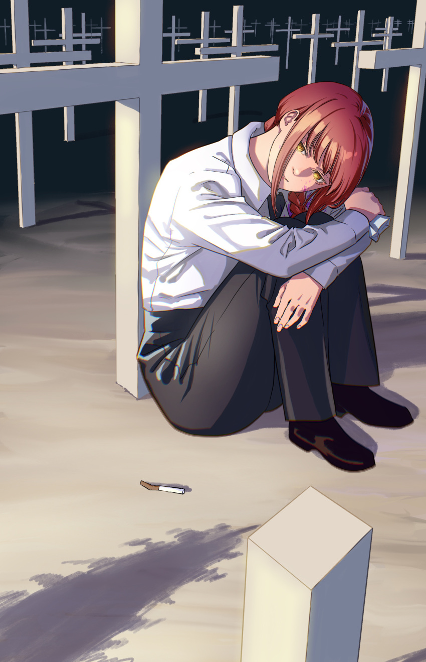 1girl, absurdres, bangs, black_legwear, black_pants, braid, braided_ponytail, chainsaw_man