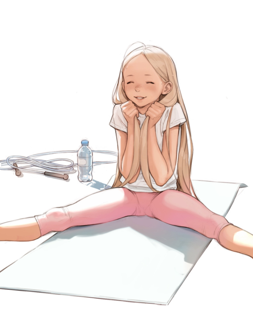 1girl, blonde_hair, blush, bottle, highres, jump_rope, leggings, long_hair