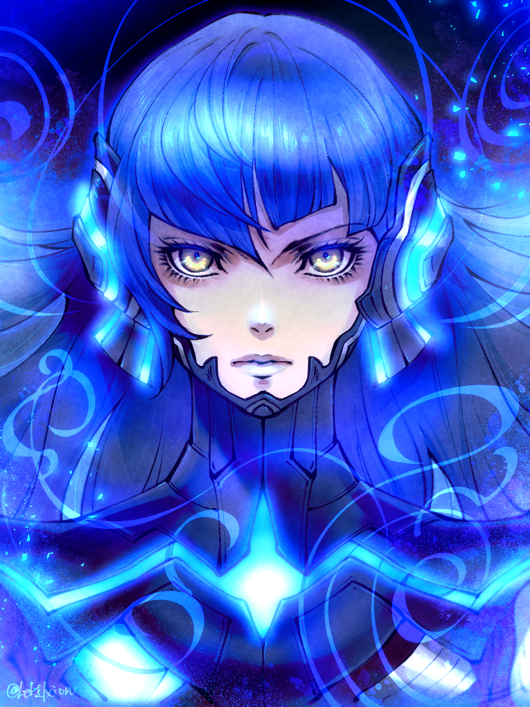1boy, androgynous, armor, bangs, blue_hair, bodysuit, collarbone, eyelashes