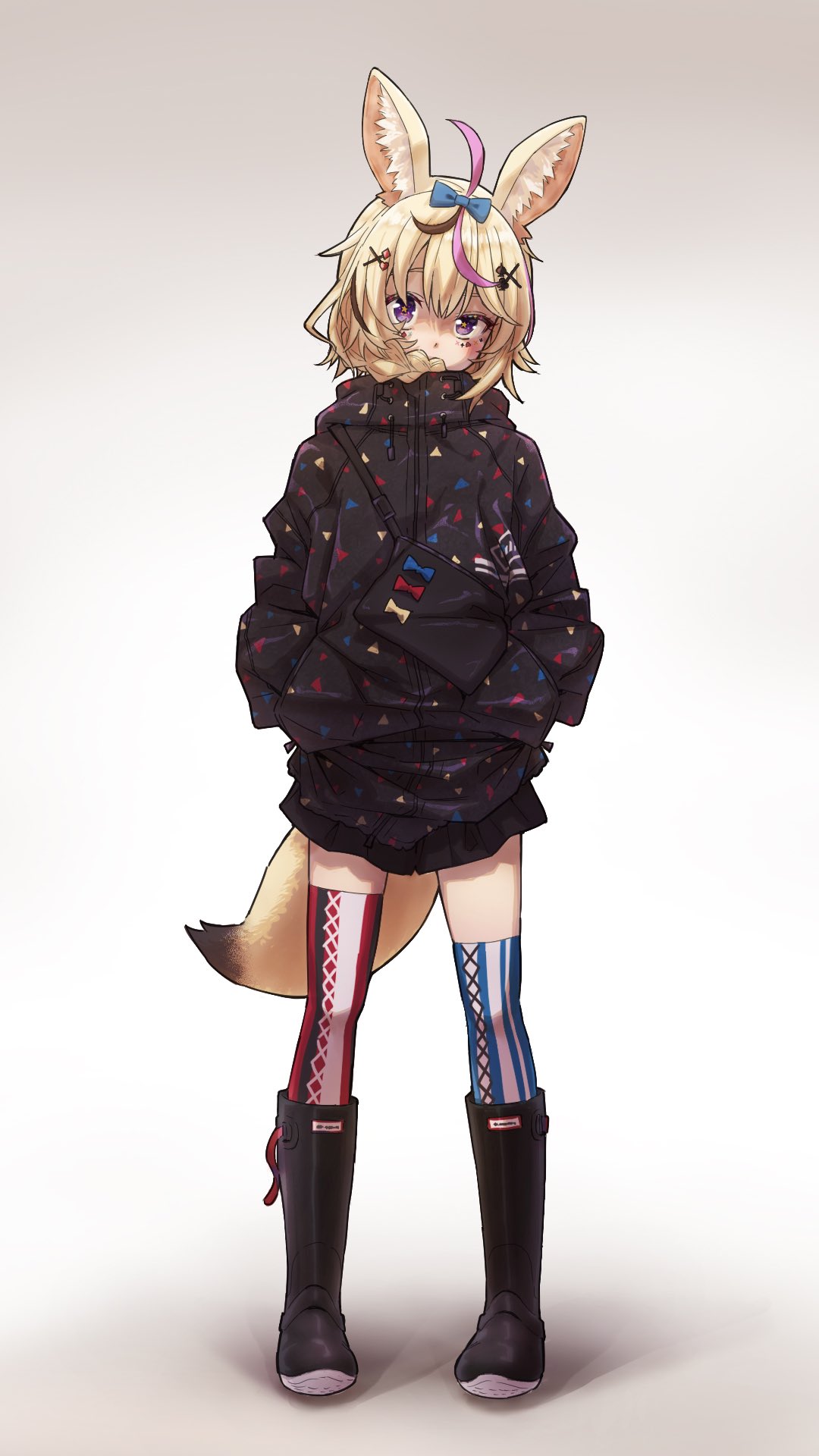 1girl, alternate_costume, animal_ears, asymmetrical_legwear, bag, black_footwear, black_hair, black_hoodie