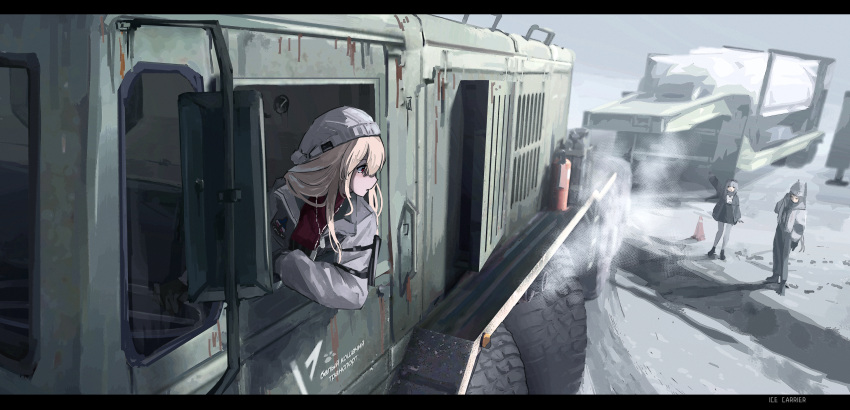 3girls, blonde_hair, coat, fire_extinguisher, grey_sky, ground_vehicle, haguruma_c, highres