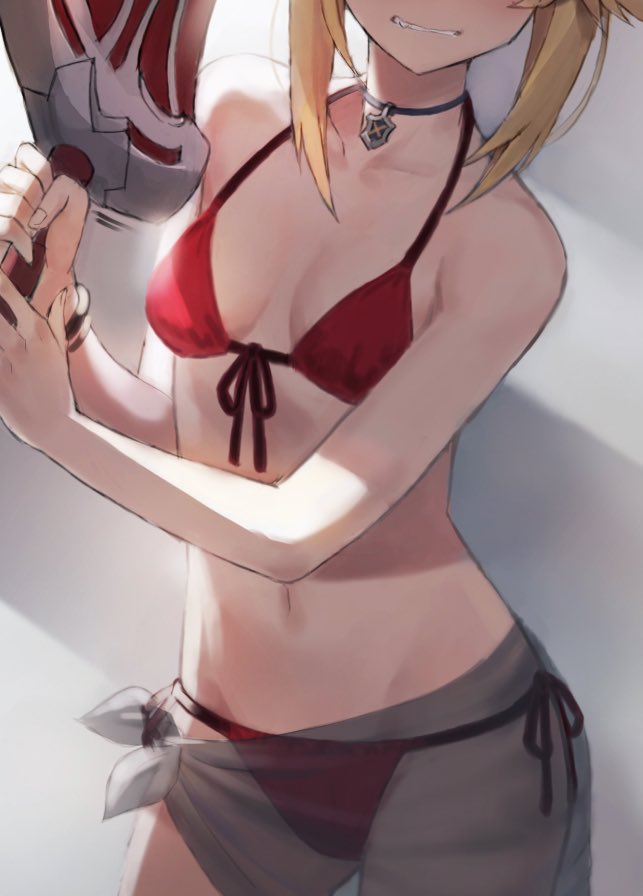 1girl, bare_shoulders, bikini, blonde_hair, blush, braid, breasts, clarent_(fate)