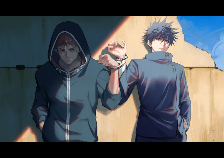 2boys, bangs, black_border, black_hair, black_jacket, black_pants, border, brown_eyes