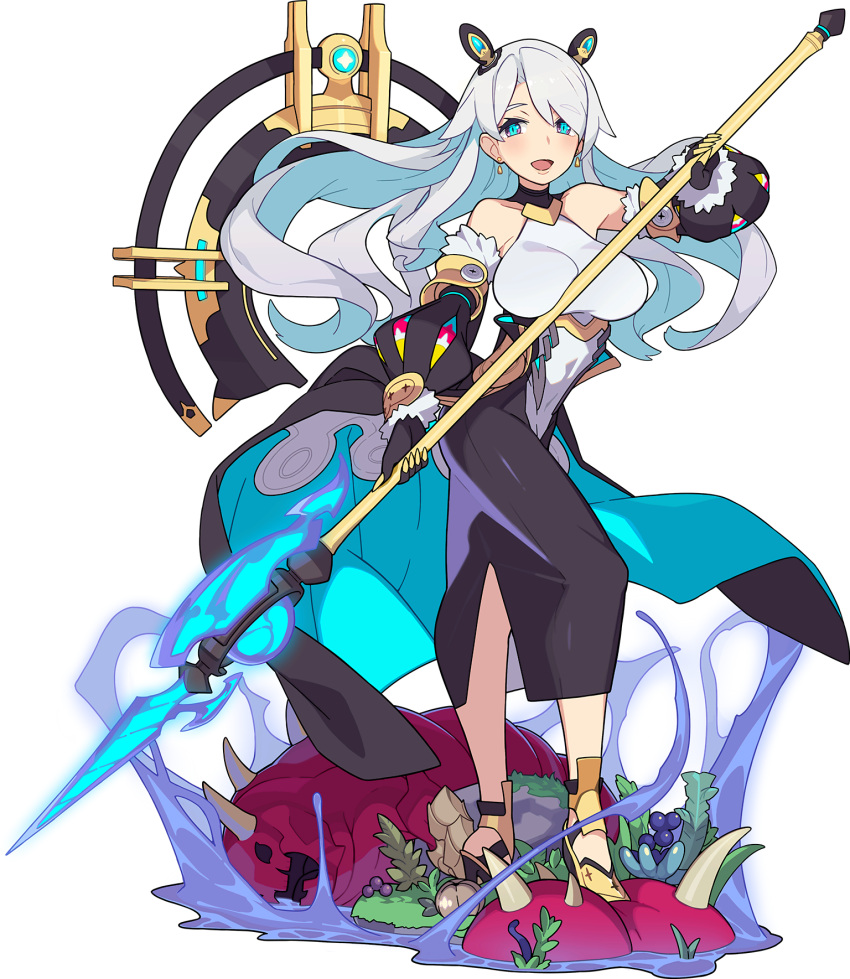 1girl, arm_up, artist_request, asymmetrical_bangs, bangs, bare_shoulders, bercetia_(world_flipper), berry, black_gloves, black_skirt, blue_eyes, blush, breasts, covered_navel, earrings, elbow_gloves, eyebrows_visible_through_hair, floating, floating_object, full_body, gloves, glowing, glowing_weapon, grass, grey_hair, hair_ornament, happy, high_heels, highres, holding, holding_spear, holding_weapon, jewelry, large_breasts, long_hair, looking_at_viewer, monster, multicolored, multicolored_eyes, non-web_source, official_art, open_mouth, polearm, rock, shiny, shiny_hair, shirt, shoes, sidelocks, skirt, sleeveless, sleeveless_shirt, smile, solo, spear, standing, transparent_background, violet_eyes, waist_cape, water, weapon, white_shirt, world_flipper, yellow_footwear