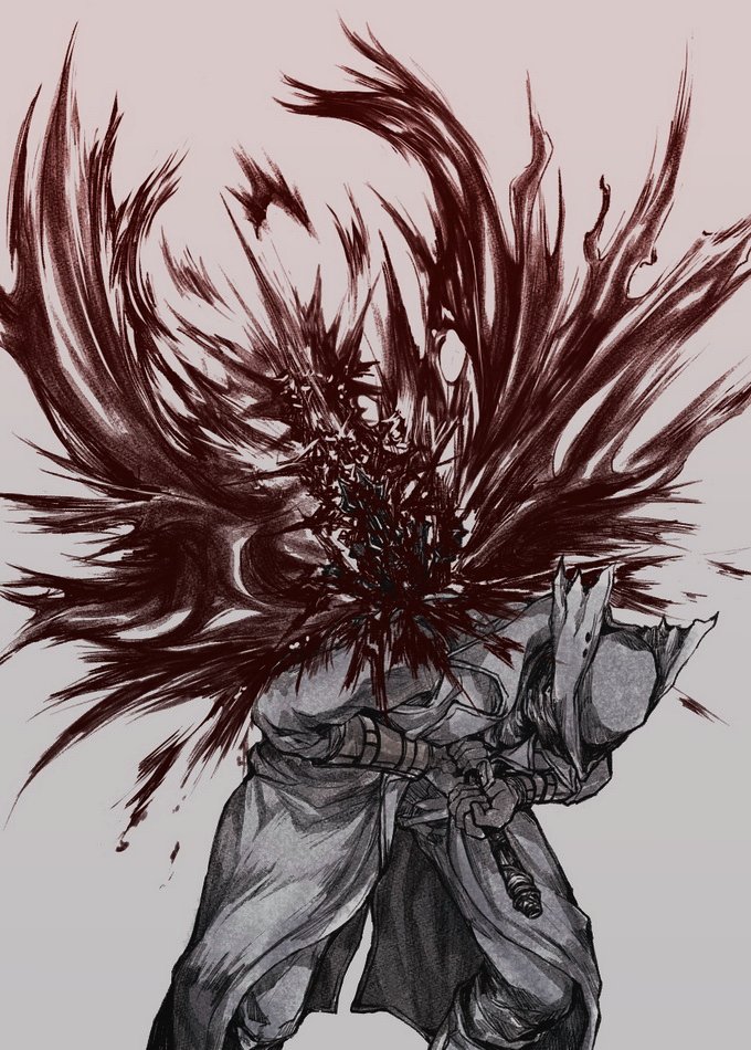 1other, blood, bloodborne, cloak, coat, english_commentary, gloves, hat, holding, holding_weapon, hunter_(bloodborne), jacket, mask, mouth_mask, solo, tricorne, weapon, yokibear_yok