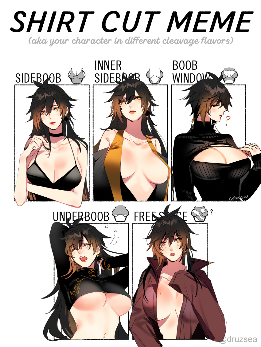 1girl, ?, absurdres, bangs, bite_mark, black_hair, blush, breasts