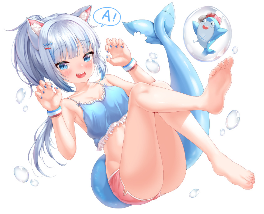 1girl, :d, absurdres, animal_ear_fluff, animal_ears, bare_legs, bare_shoulders, barefoot