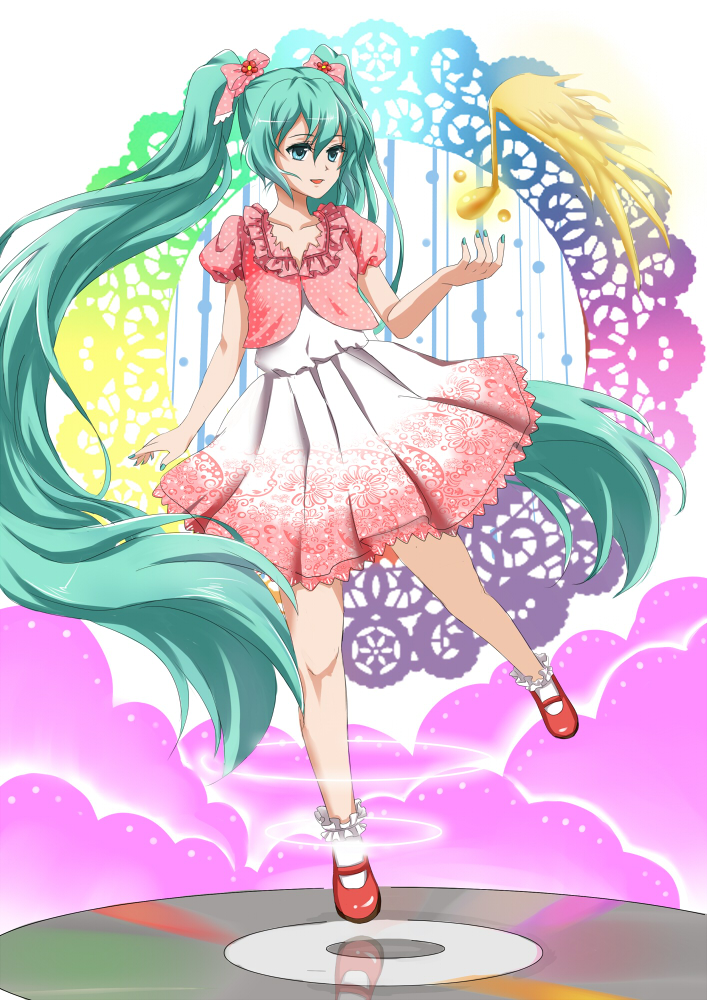 althea_(sakiya0000), aqua_eyes, aqua_hair, bad_id, bow, cd, hair_bow, hair_ribbon, hatsune_miku, legs, long_hair, musical_note, ribbon, sakiya0000, skirt, smile, solo, twintails, very_long_hair, vocaloid