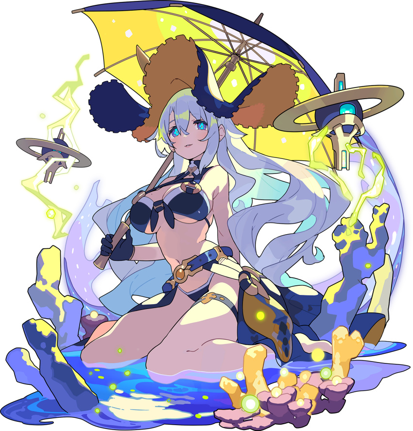 1girl, artist_request, backlighting, bangs, bare_shoulders, barefoot, belt, bercetia_(world_flipper), bikini, black_bikini, black_gloves, black_headwear, blue_eyes, blue_sarong, blush, breasts, coral, earrings, electricity, floating, floating_object, full_body, gloves, glowing, grey_hair, hand_up, happy, hat, highres, holding, holding_umbrella, jewelry, large_breasts, light_blush, long_hair, looking_at_viewer, mole, mole_on_breast, multicolored, multicolored_eyes, navel, non-web_source, official_art, parted_lips, partially_submerged, rock, sarong, sidelocks, sitting, smile, solo, stomach, stud_earrings, sun_hat, swimsuit, thigh_strap, transparent_background, umbrella, very_long_hair, violet_eyes, wariza, water, world_flipper