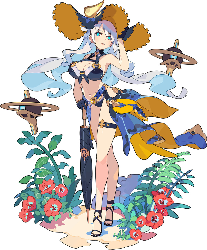 1girl, adjusting_clothes, adjusting_headwear, artist_request, bangs, bare_shoulders, belt, bercetia_(world_flipper)