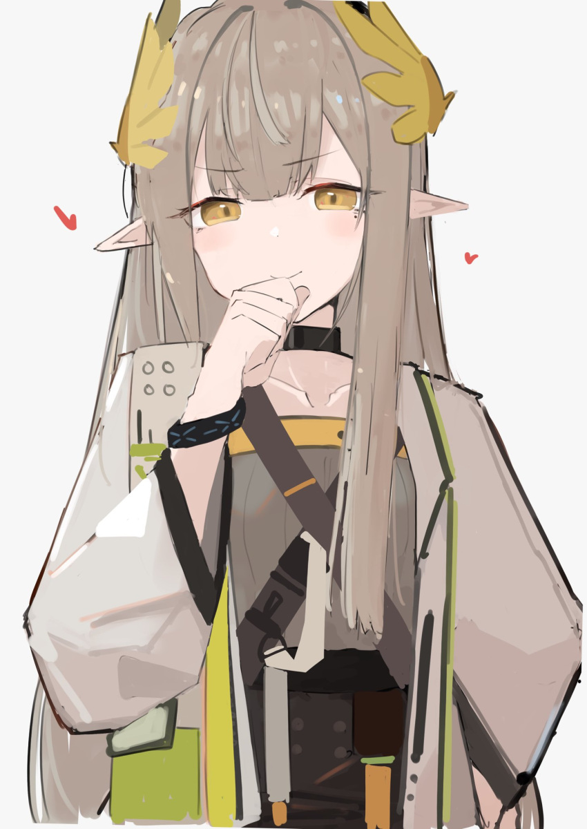 1girl, arknights, asususususu, brown_hair, brown_shirt, hand_to_own_mouth, hand_up, heart