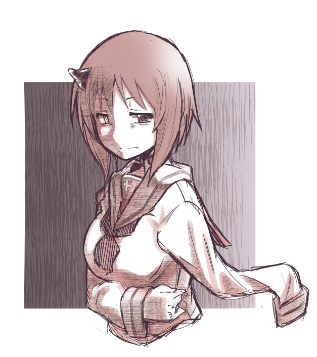1girl, amputee, depressed, girls_und_panzer, horns, kagami_uekusa, looking_at_viewer, metal_gear_(series)