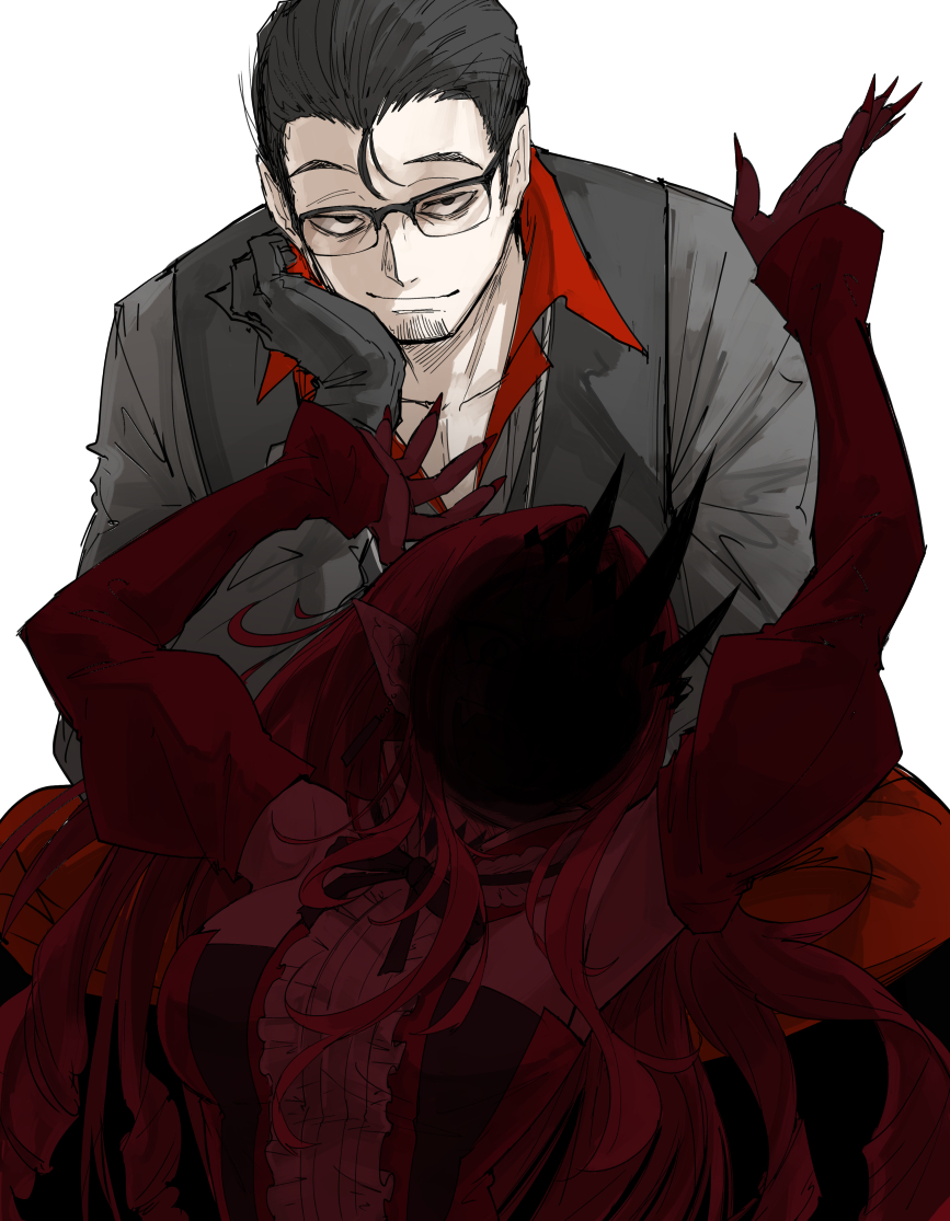 1boy, 1girl, beryl_gut, black_gloves, black_hair, detached_sleeves, facial_hair, fate/grand_order