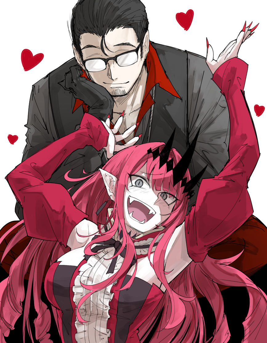 1boy, 1girl, beryl_gut, black_gloves, black_hair, detached_sleeves, facial_hair, fangs