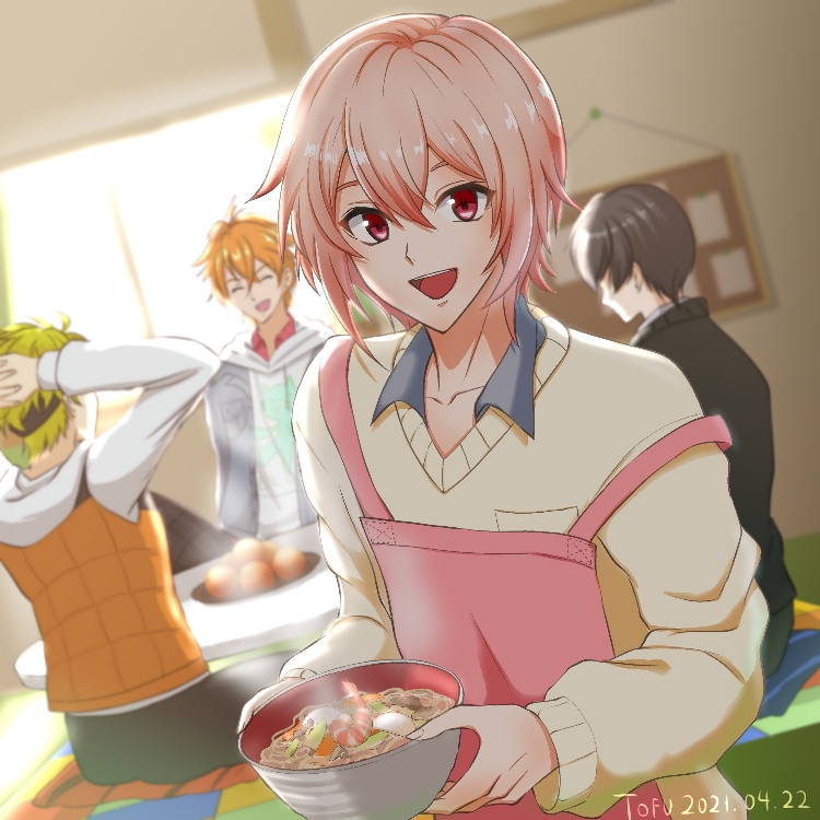 4boys, apron, argonavis_from_bang_dream!, bang_dream!, black_hair, bowl, champon, collared_shirt