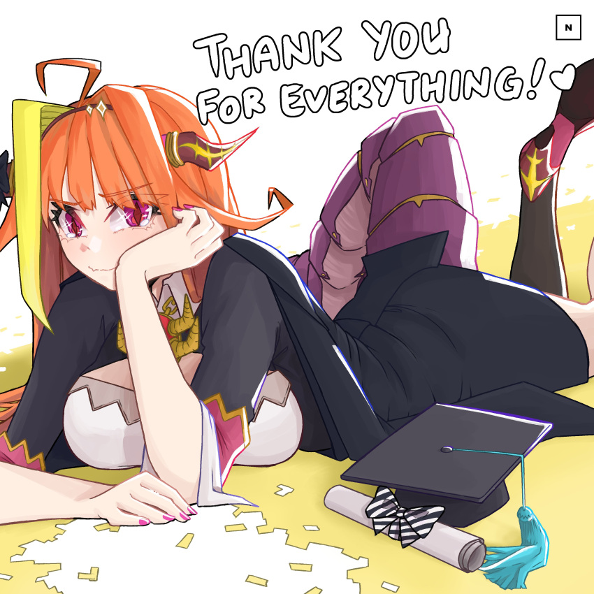1girl, absurdres, ahoge, bangs, black_bow, black_headwear, black_jacket, black_robe, blonde_hair, bow, bow_removed, breasts, brooch, brown_hairband, chain_necklace, cleavage_cutout, clothing_cutout, collared_shirt, commentary, diagonal-striped_bow, diamond-shaped_pupils, diamond_(shape), diploma, dragon_girl, dragon_horns, dragon_tail, elbow_rest, english_commentary, english_text, eyebrows_visible_through_hair, eyes_visible_through_hair, fang, foot_out_of_frame, hair_intakes, hairband, hand_on_own_cheek, hand_on_own_face, hat, head_rest, headwear_removed, heart, highres, hololive, horn_bow, horns, jacket, jewelry, kiryu_coco, large_breasts, long_hair, looking_at_viewer, lying, mortarboard, multicolored_hair, nicosarea, on_stomach, orange_hair, pink_nails, shirt, shoes, simple_background, skin_fang, smile, solo, streaked_hair, striped, striped_bow, symbol-shaped_pupils, tail, tassel, thank_you, two-tone_background, violet_eyes, virtual_youtuber, white_background, white_shirt, yellow_background