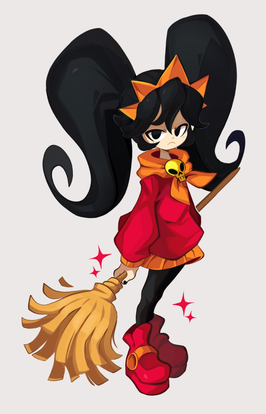 1girl, ashley_(warioware), black_eyes, black_hair, black_legwear, black_nails, broom, dress