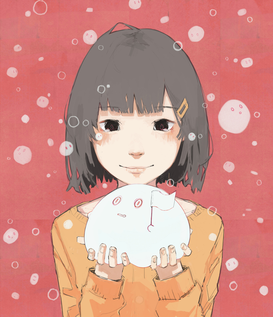 1girl, ahoge, ahuromasuta, asian, bangs, black_eyes, black_hair, bob_cut, hair_ornament, hairclip, highres, lips, long_sleeves, original, red_background, short_hair, smile, sweater, yellow_sweater