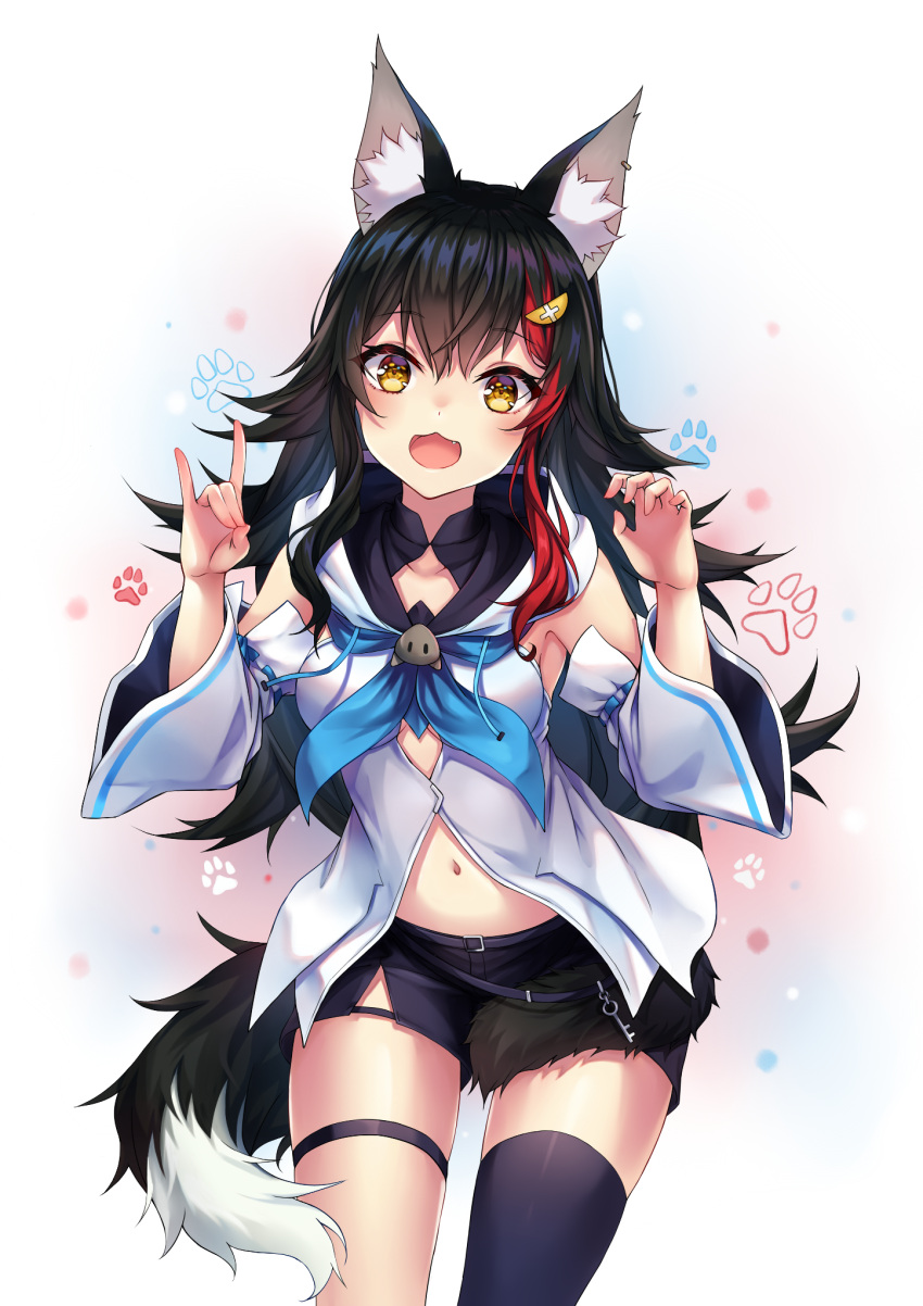 1girl, :3, :d, animal_ears, bangs, bare_shoulders, black_hair, black_legwear
