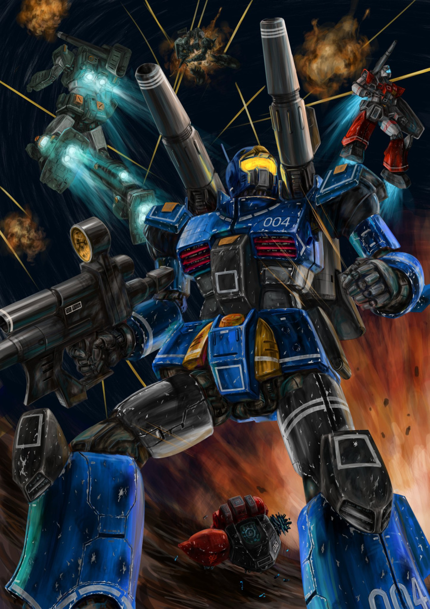 beam_rifle, clenched_hand, energy_gun, explosion, flying, gelgoog, gm_cannon, gun