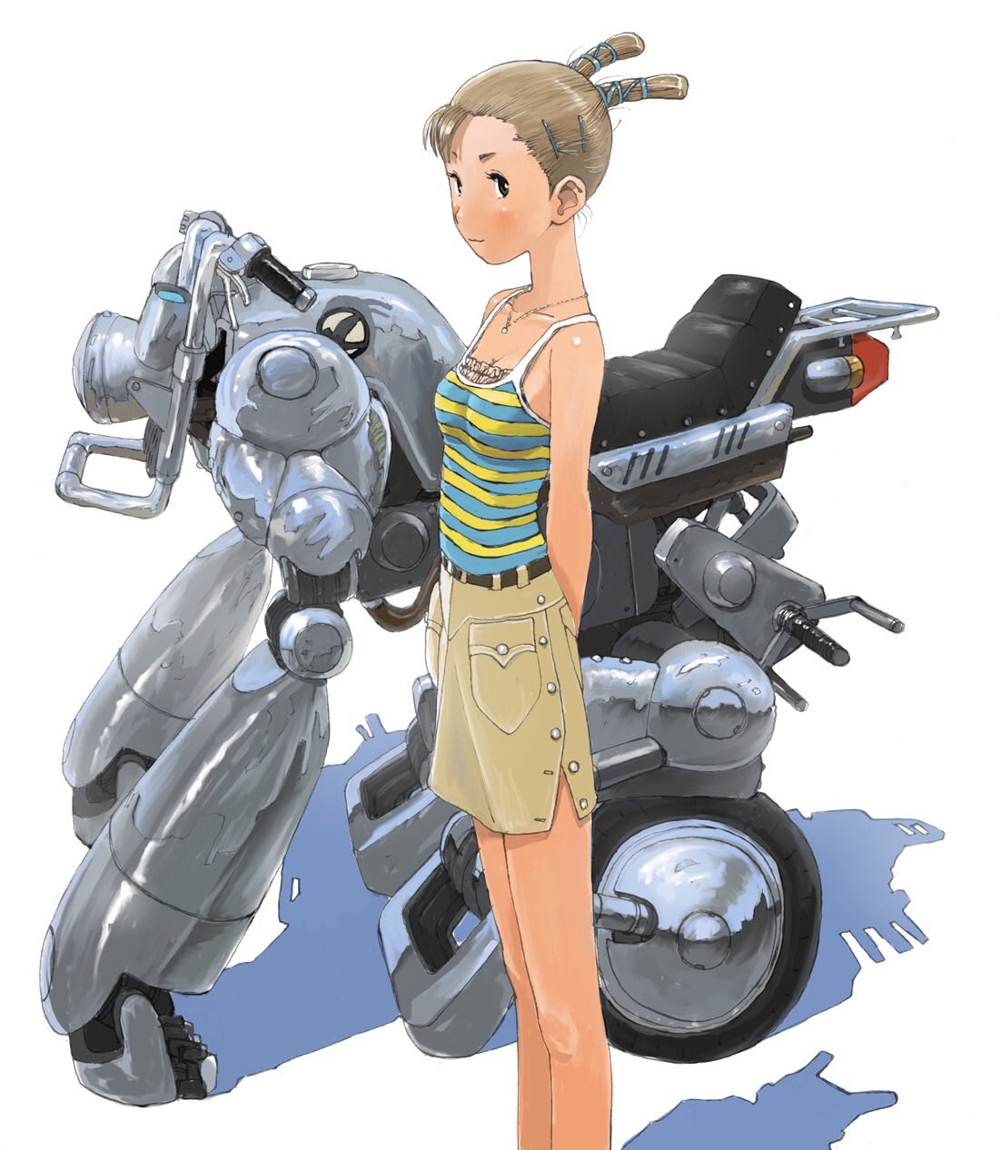 1girl, arms_behind_back, bangs, beige_skirt, belt, black_belt, breasts, brown_hair, collarbone, highres, jewelry, kasahara_tetsurou, looking_to_the_side, mecha, necklace, official_art, rideback, science_fiction, shadow, small_breasts, solo_focus, tank_top, twintails, umemura_shouko