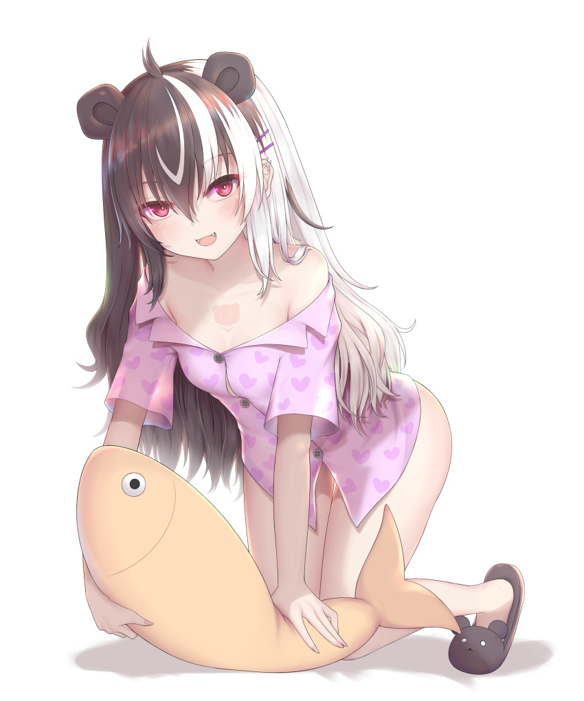 1girl, :d, absurdres, all_fours, animal_ears, animal_slippers, bangs, bear_ears