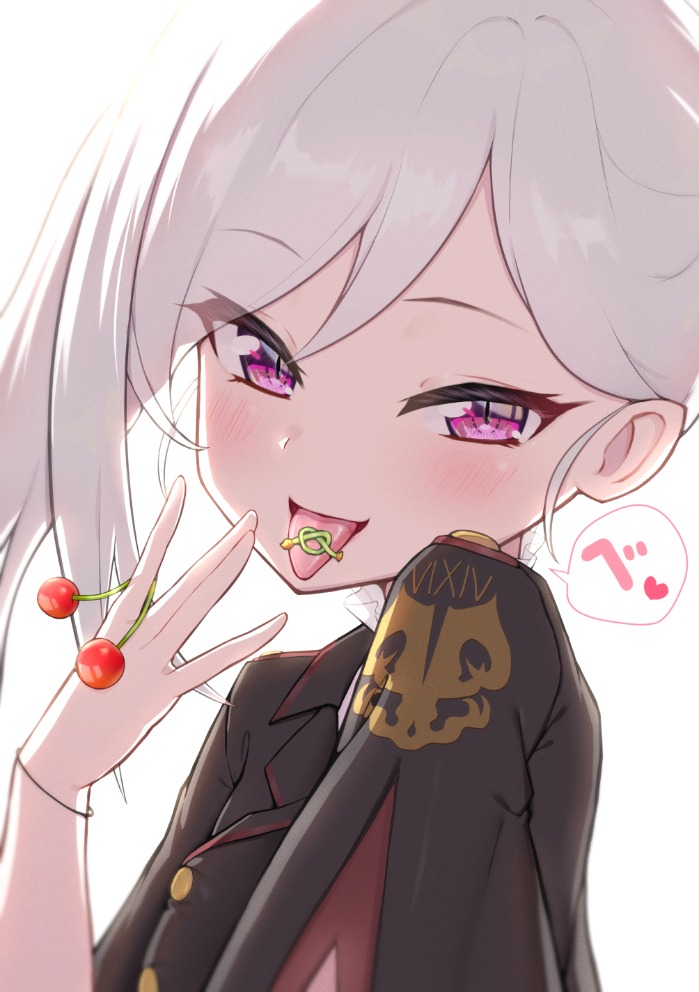 1girl, bangs, black_jacket, blue_archive, blush, cherry, cherry_stem_knot, clothes_writing