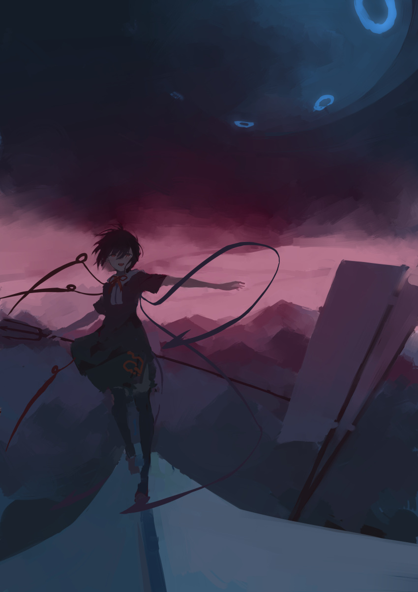 1girl, :d, absurdres, asymmetrical_wings, balancing, banner, black_dress, black_hair