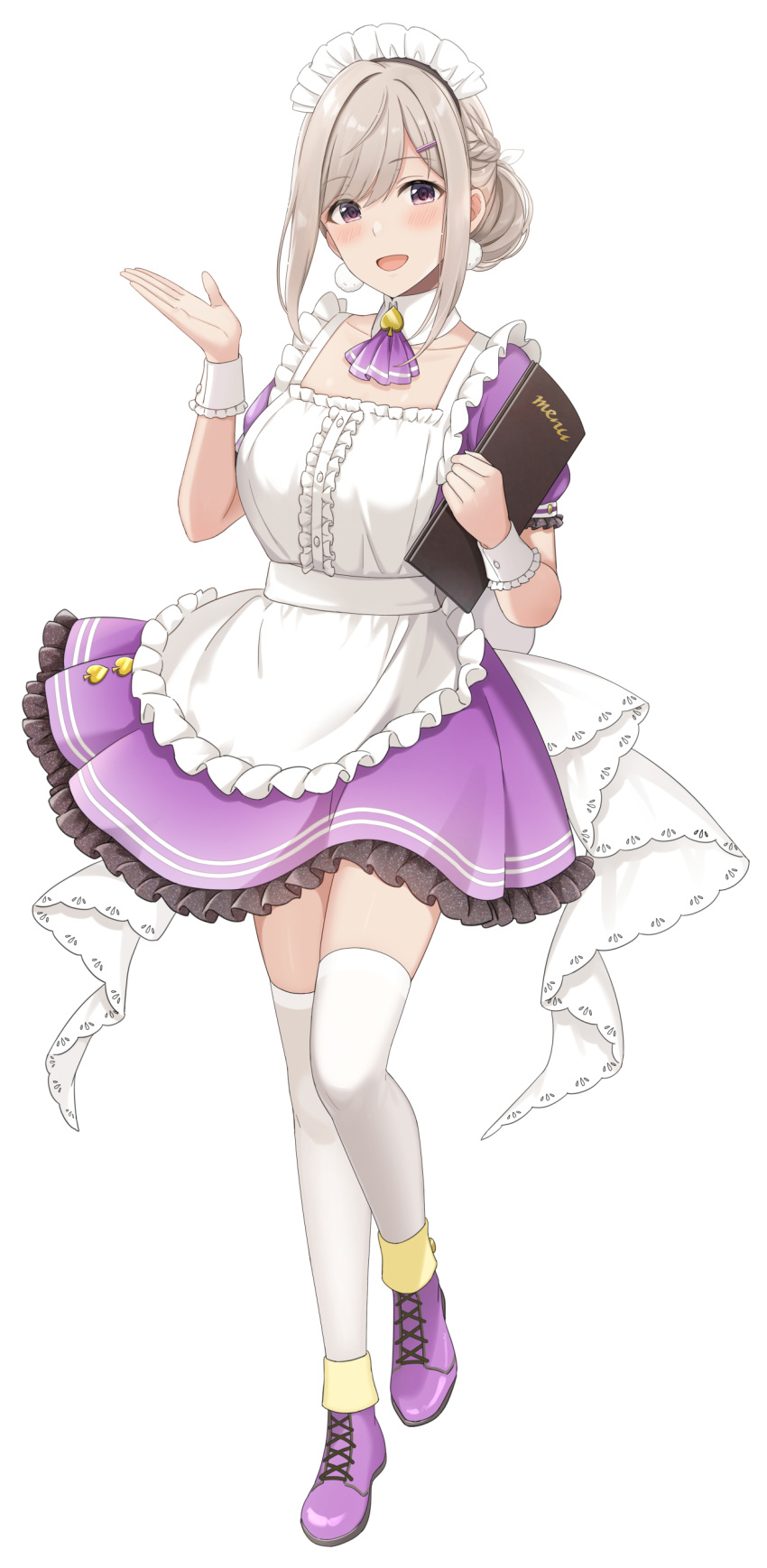 1girl, :d, absurdres, apron, azuki_yui, blush, braid, brooch