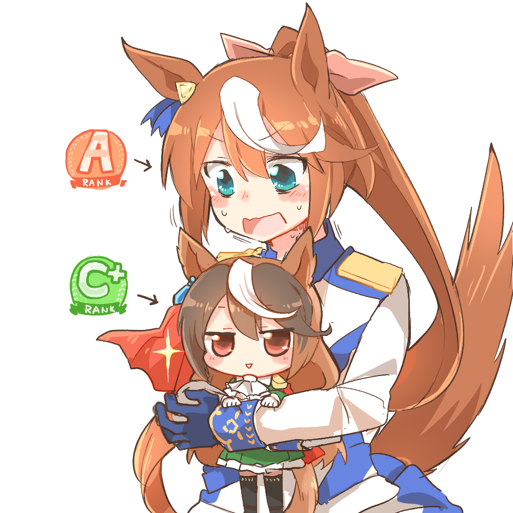 2girls, :>, animal_ears, arrow_(symbol), ascot, black_hair, blue_eyes, blue_gloves