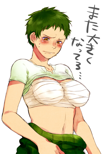 1132love, blush, breasts, brown_eyes, female_version, genderswap, green_hair, haramaki, large_breasts, midriff, navel, one_piece, roronoa_zoro, sarashi, shirt_lift, short_hair, solo, translated, translation_request, yawa