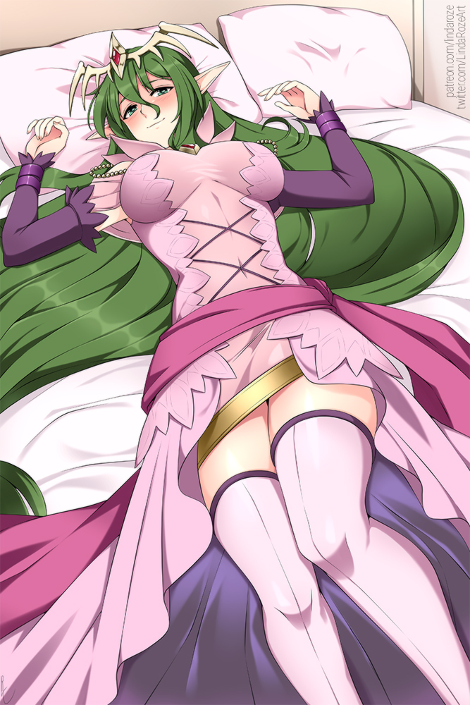 1girl, bed, blush, breasts, commentary, dress, english_commentary, eyebrows_visible_through_hair