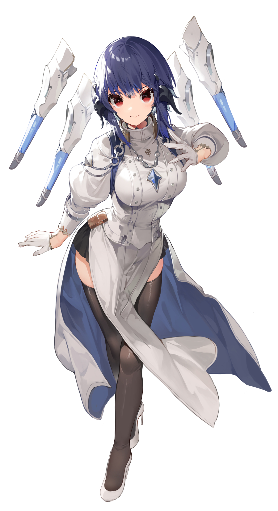 1girl, akizone, alternate_costume, au_ra, bangs, black_legwear, black_skirt, blue_hair, breasts, buttons, chain, closed_mouth, coat, cowboy_shot, double-breasted, final_fantasy, final_fantasy_xiv, floating, floating_object, foreshortening, full_body, gloves, hair_between_eyes, hand_up, highres, jacket, jewelry, juliet_sleeves, large_breasts, long_sleeves, looking_at_viewer, miniskirt, necklace, original, pelvic_curtain, pleated_skirt, puffy_sleeves, red_eyes, renz_(rirene_rn), sage_(final_fantasy), shiny, shiny_hair, short_hair, simple_background, skirt, smile, solo, standing, thigh-highs, white_background, white_coat, white_gloves, white_jacket, zettai_ryouiki