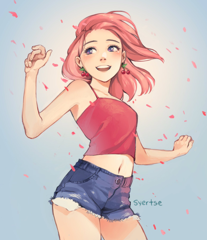 1girl, artist_name, backlighting, bangs, bare_arms, blue_eyes, cherry_earrings, clenched_hands
