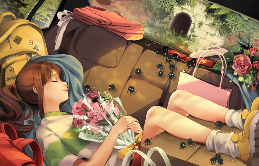 1girl, backpack, bag, blanket, bou_(sen_to_chihiro_no_kamikakushi), bouquet, box, brick_wall