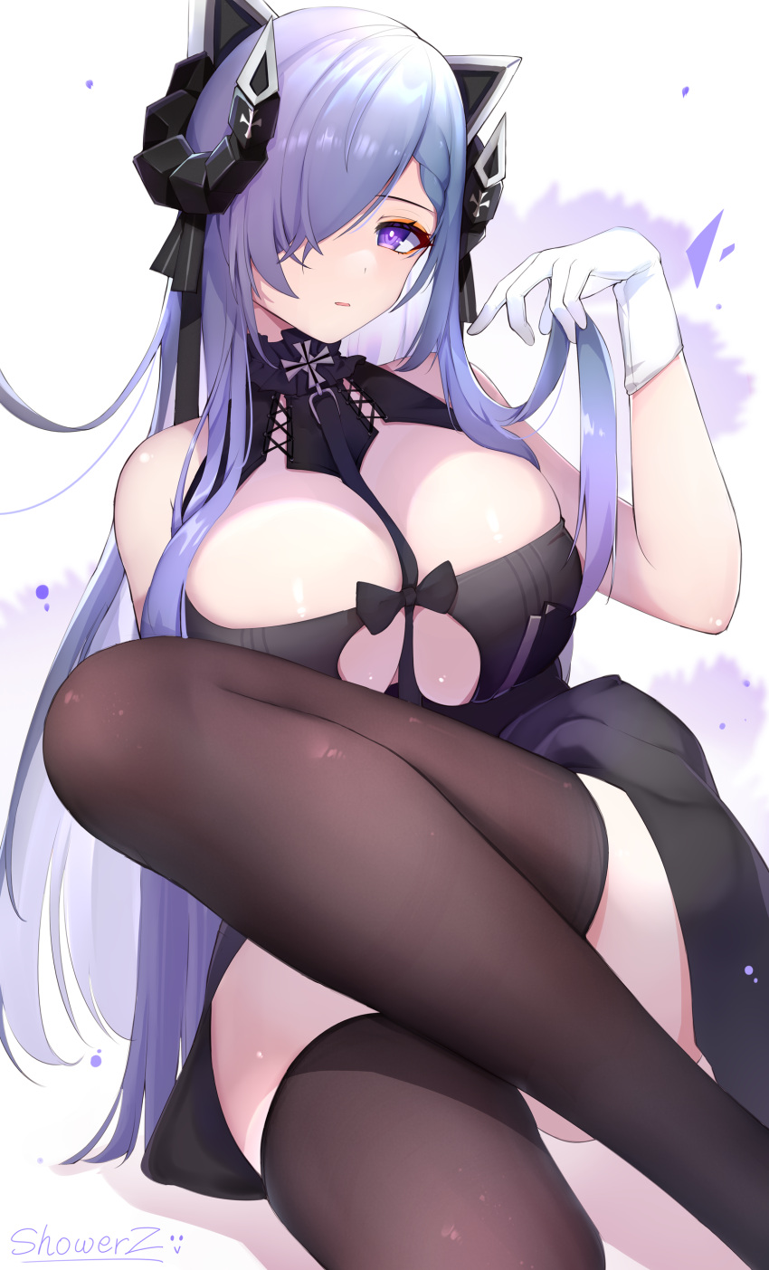 1girl, absurdres, august_von_parseval_(azur_lane), azur_lane, bare_arms, bare_shoulders, black_legwear, blush