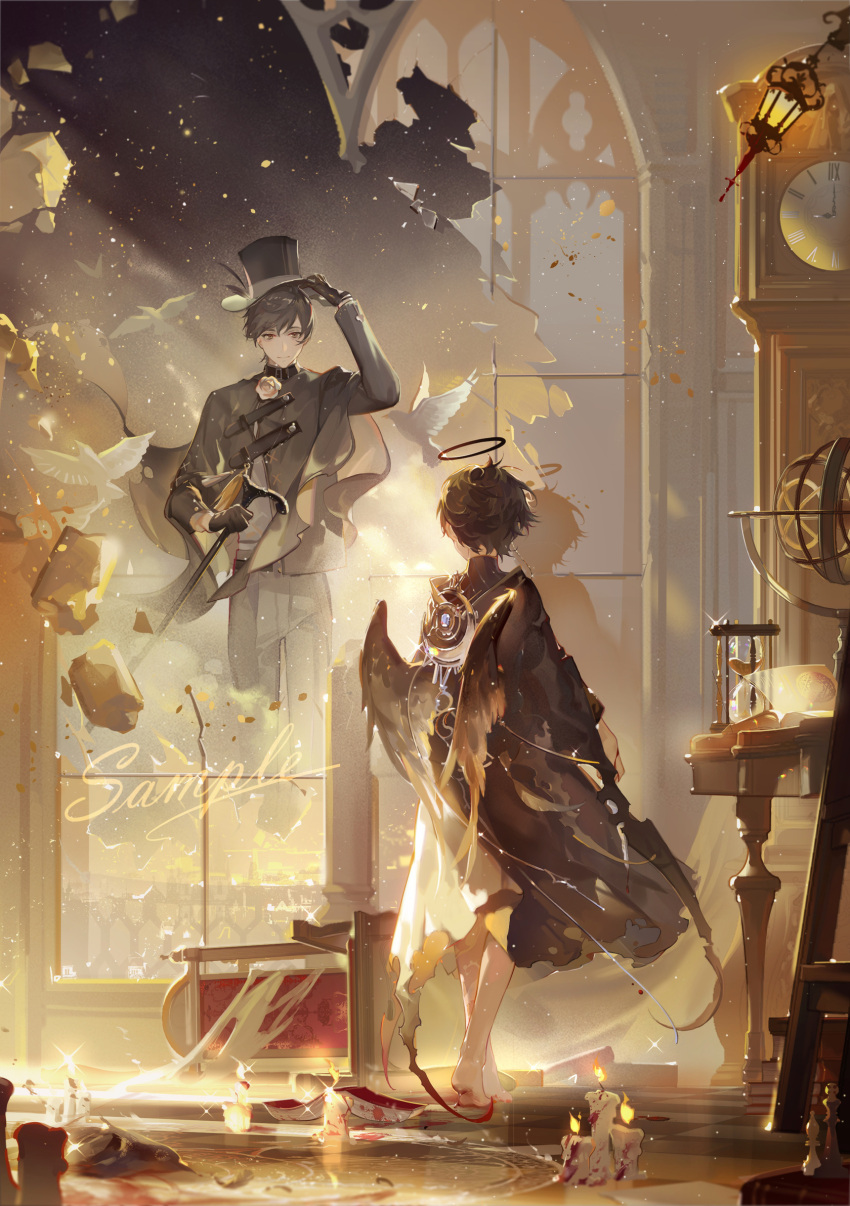 2boys, amon_(lord_of_the_mysteries), angel, angel_wings, arm_up, barefoot, belt, bird