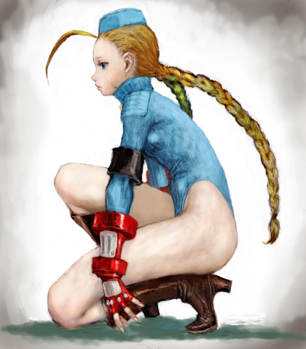beret, boots, braid, cammy, cammy_white, garrison_cap, gloves, hat, high_heels, leotard, long_hair, o, pon, scar, shoes, solo, squatting, street_fighter, twin_braids