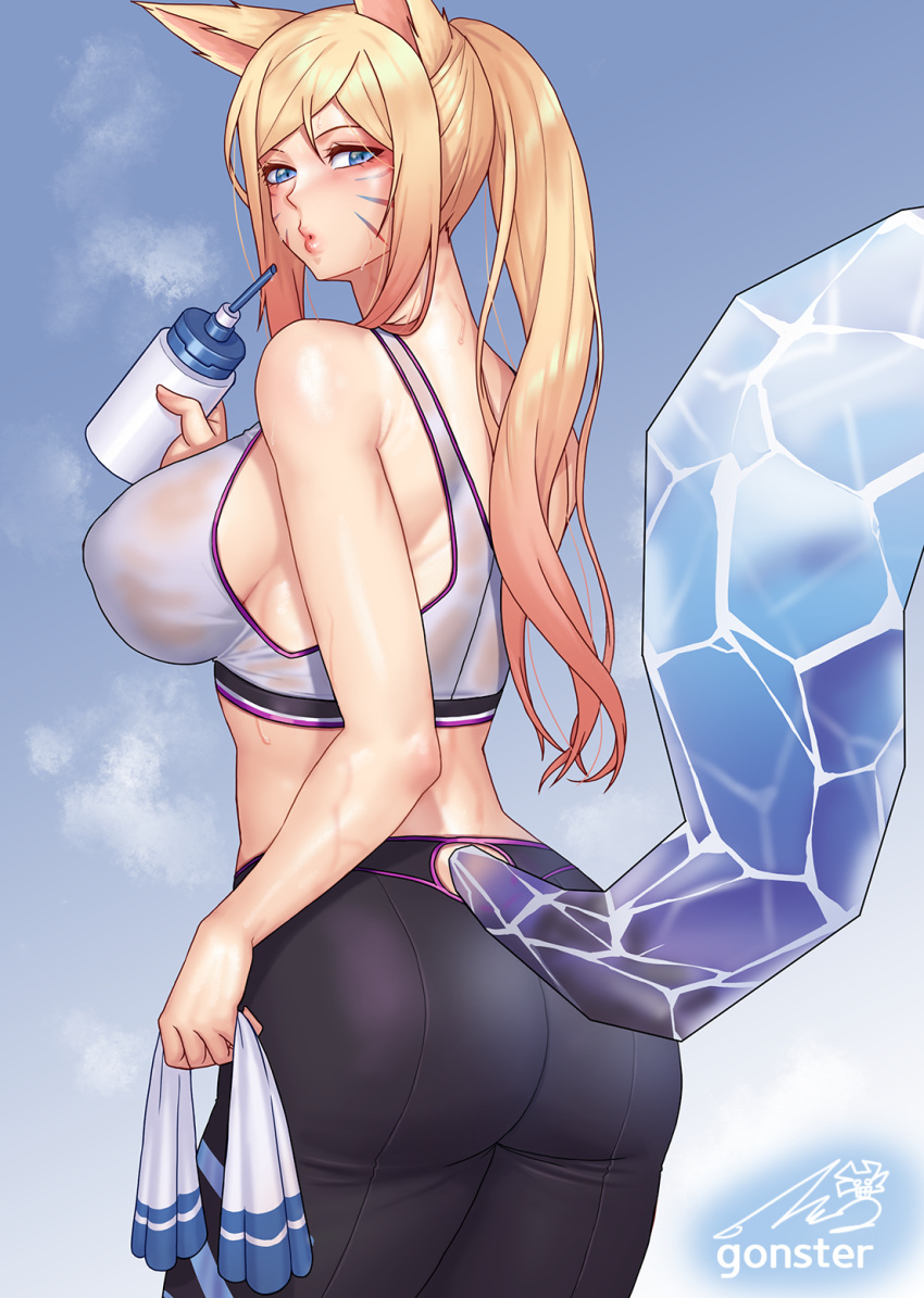 1girl, ahri, animal_ears, artist_name, ass, bangs, blue_eyes, bottle, breasts, crystal_tail, facial_mark, fox_ears, gonster, gradient_hair, highres, holding, holding_bottle, k/da_(league_of_legends), k/da_ahri, large_breasts, league_of_legends, long_hair, multicolored_hair, pants, ponytail, puckered_lips, see-through, sidelocks, simple_background, solo, sports_bra, steam, sweat, tail, water_bottle, whisker_markings, yoga_pants