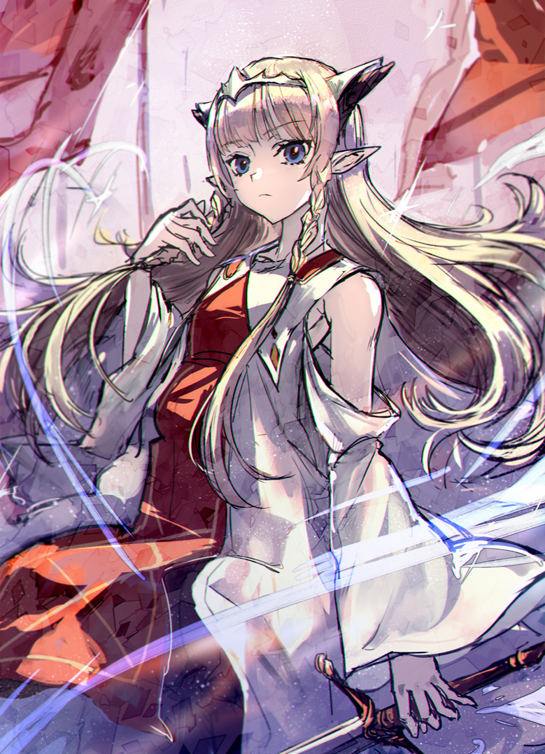 1girl, blonde_hair, blue_eyes, braid, dress, falia_the_queen_of_the_mountains, holding, holding_sword
