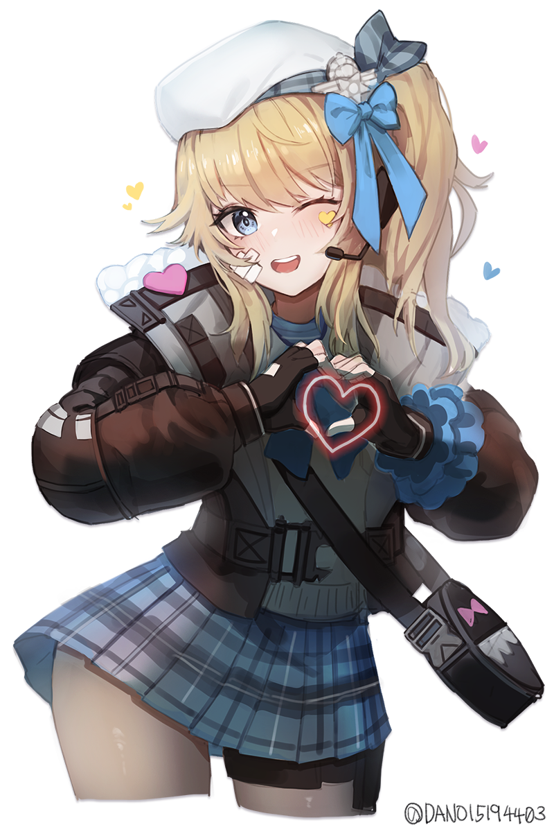 1girl, bag, bandage_on_face, bandages, beret, blonde_hair, blue_bow, blue_eyes, blush, bow, coat, commentary_request, cowboy_shot, dano, fingerless_gloves, fur-trimmed_coat, fur_trim, girls_frontline, girls_frontline_2:_exilium, gloves, hair_bow, hat, headset, heart, heart_hands, heart_stickers, long_sleeves, medium_hair, one_eye_closed, one_side_up, open_mouth, pleated_skirt, shoulder_bag, sidelocks, skirt, smile, solo, twitter_username, vepley_(girls_frontline_2), white_background, white_headwear