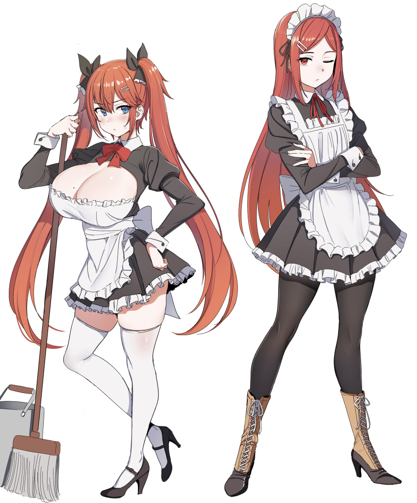 2girls, absurdres, alternate_costume, apron, b-11_night_angel, bangs, black_bow, black_footwear