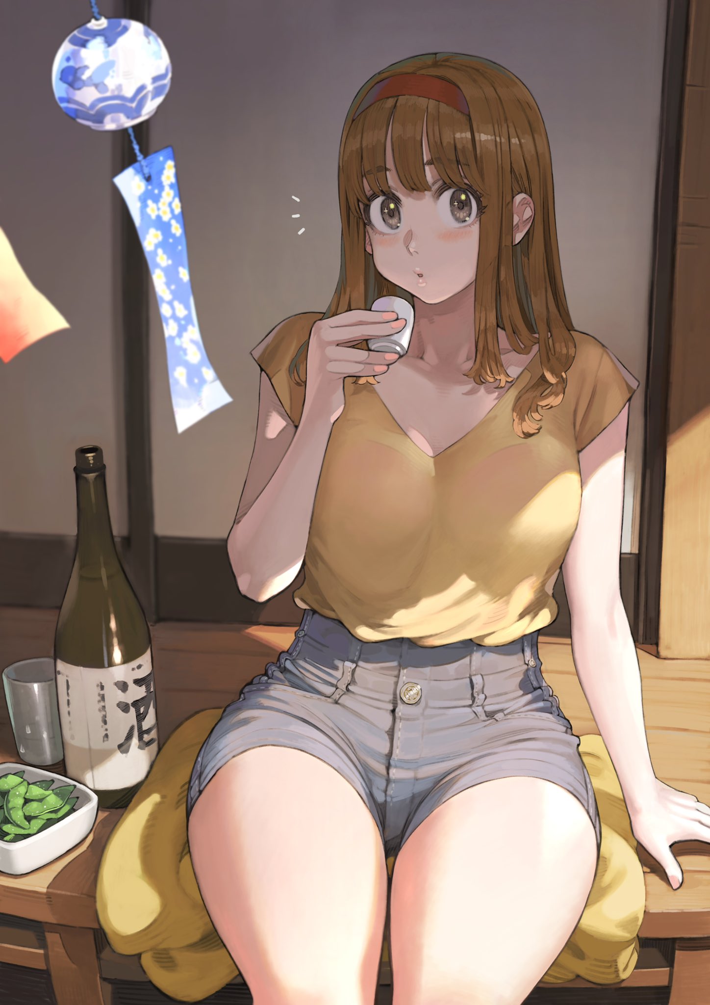 1girl, :o, alcohol, arm_support, bangs, blunt_bangs, blush, bottle