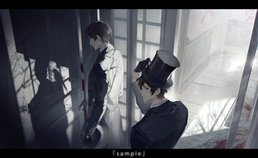 2boys, amon_(lord_of_the_mysteries), bird, black_coat, black_eyes, black_gloves, black_hair, black_headwear