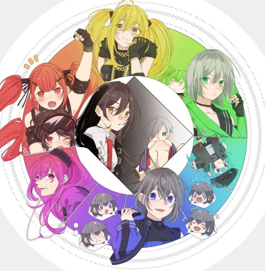 6+girls, ahoge, black_hair, blonde_hair, blue_eyes, character_doll, color_wheel, commentary_request