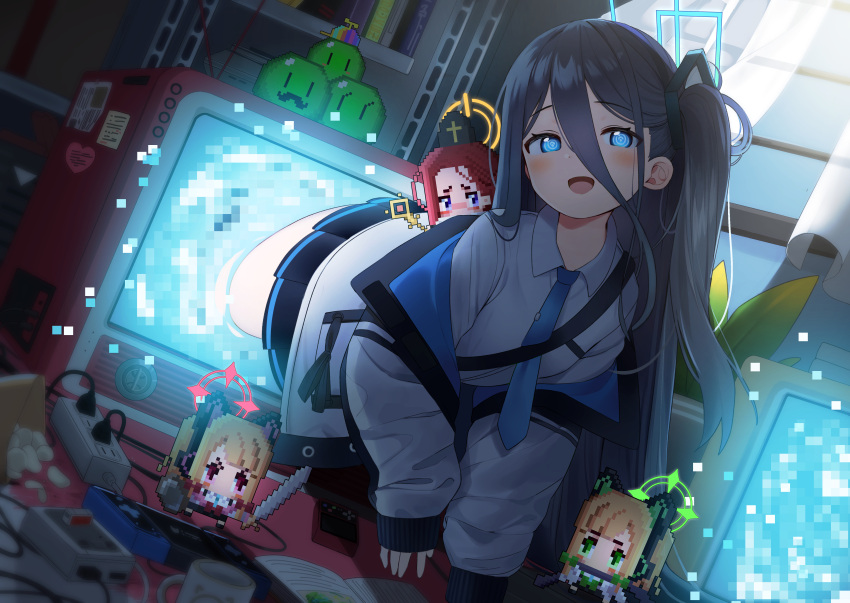 4girls, absurdres, aqua_neckwear, arisu_(blue_archive), bangs, black_hair, black_skirt, blonde_hair