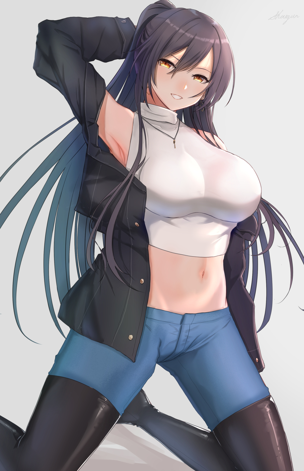 1girl, :d, arm_behind_head, arm_up, armpits, bangs, black_footwear, black_hair