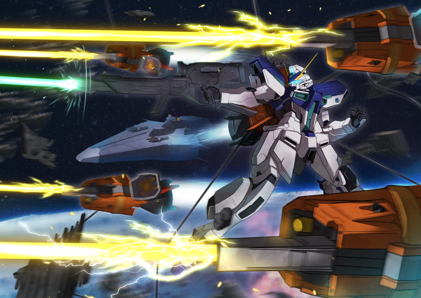 beam_rifle, clenched_hand, energy_gun, firing, fujikusa, glowing, gun, gundam, gundam_seed, highres, holding, holding_gun, holding_weapon, mecha, mobile_suit, no_humans, science_fiction, solo_focus, v-fin, visor, weapon, windam_(gundam_seed), wreckage